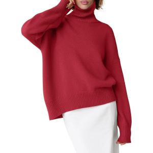 imageANRABESS Womens Turtleneck Sweaters Long Sleeve Oversized Chunky Knit High Low Hem Pullover Sweater Top 2025 Fall OutfitsRed