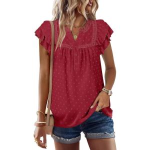imageANRABESS Dressy Tops for Women Casual Ruffle Short Sleeve V Neck Lace Chiffon Blouse Swiss Dot Summer Trendy Business Shirts Large Red