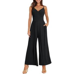 imageANRABESS Jumpsuits for Women 2025 Summer Dressy Spaghetti Strap Ribbed V Neck Wide Leg Overalls Flowy Romper Jumpers OutfitsBlack