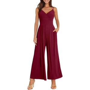 imageANRABESS Jumpsuits for Women 2025 Summer Dressy Spaghetti Strap Ribbed V Neck Wide Leg Overalls Flowy Romper Jumpers OutfitsBurgundy Red