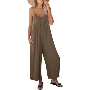 imageANRABESS Women Jumpsuits 2025 Casual Sleeveless Spaghetti Strap Boho Wide Leg Rompers Dressy Summer Outfits Vacation ClothesBrown