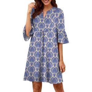 imageANRABESS Women Mini Dress Summer V Neck Ruffle Short Sleeve Shift Casual Tunic Dresses 2025 Loose Beach Vacation OutfitsPrint Floral Blue