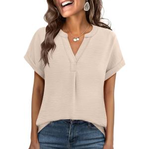 imageANRABESS Women Summer Business Casual Tops Dressy V Neck Short Sleeve Chiffon Blouse Office Work Loose Shirt 2025 OutfitBeige