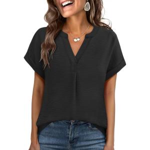 imageANRABESS Women Summer Business Casual Tops Dressy V Neck Short Sleeve Chiffon Blouse Office Work Loose Shirt 2025 OutfitBlack