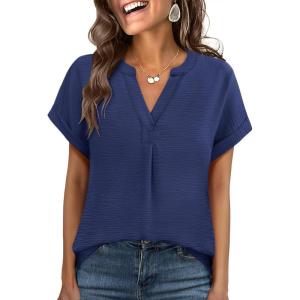 imageANRABESS Women Summer Business Casual Tops Dressy V Neck Short Sleeve Chiffon Blouse Office Work Loose Shirt 2025 OutfitDeep Blue