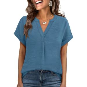 imageANRABESS Women Summer Business Casual Tops Dressy V Neck Short Sleeve Chiffon Blouse Office Work Loose Shirt 2025 OutfitLake Blue