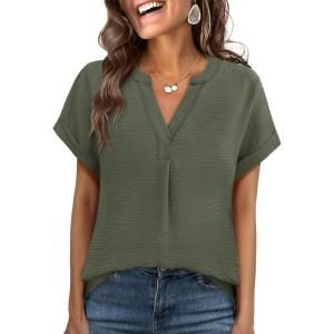 imageANRABESS Women Summer Business Casual Tops Dressy V Neck Short Sleeve Chiffon Blouse Office Work Loose Shirt 2025 OutfitOlive