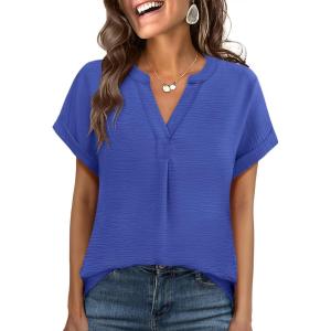 imageANRABESS Women Summer Business Casual Tops Dressy V Neck Short Sleeve Chiffon Blouse Office Work Loose Shirt 2025 OutfitRoyal Blue
