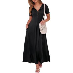 imageANRABESS Women Summer Maxi Dress 2025 Casual Short Sleeve Button Fit ampamp Flare ALine Flowy Spring Long Dresses with PocketsBlack