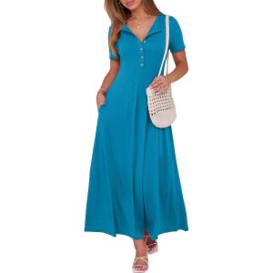 imageANRABESS Women Summer Maxi Dress 2025 Casual Short Sleeve Button Fit ampamp Flare ALine Flowy Spring Long Dresses with PocketsBlue