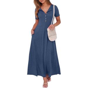 imageANRABESS Women Summer Maxi Dress 2025 Casual Short Sleeve Button Fit ampamp Flare ALine Flowy Spring Long Dresses with PocketsDark Blue