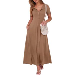 imageANRABESS Women Summer Maxi Dress 2025 Casual Short Sleeve Button Fit ampamp Flare ALine Flowy Spring Long Dresses with PocketsKhaki
