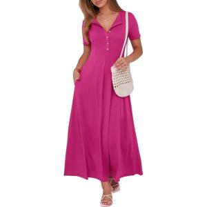 imageANRABESS Women Summer Maxi Dress 2025 Casual Short Sleeve Button Fit ampamp Flare ALine Flowy Spring Long Dresses with PocketsRose