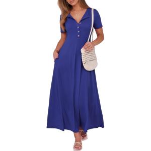 imageANRABESS Women Summer Maxi Dress 2025 Casual Short Sleeve Button Fit ampamp Flare ALine Flowy Spring Long Dresses with PocketsRoyal Blue