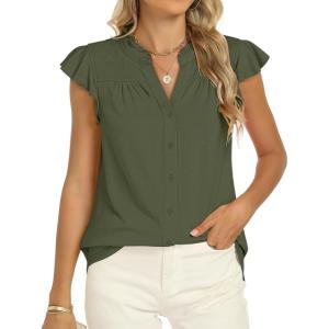 imageANRABESS Womens Dressy Casual Button Down Shirts Ruffle Cap Sleeve V Neck Elegant Business Work Tops BlouseArmy Green