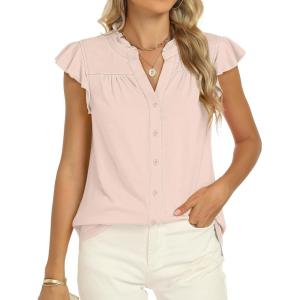 imageANRABESS Womens Dressy Casual Button Down Shirts Ruffle Cap Sleeve V Neck Elegant Business Work Tops BlouseBeige
