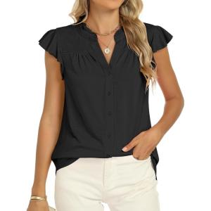 imageANRABESS Womens Dressy Casual Button Down Shirts Ruffle Cap Sleeve V Neck Elegant Business Work Tops BlouseBlack