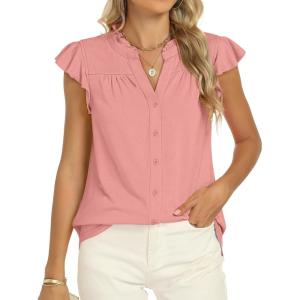 imageANRABESS Womens Dressy Casual Button Down Shirts Ruffle Cap Sleeve V Neck Elegant Business Work Tops BlouseCoral