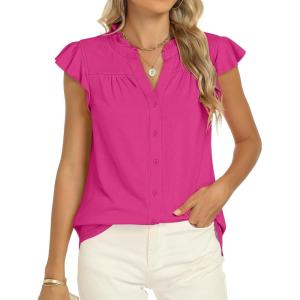 imageANRABESS Womens Dressy Casual Button Down Shirts Ruffle Cap Sleeve V Neck Elegant Business Work Tops BlouseHot Pink
