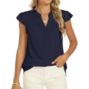 imageANRABESS Womens Dressy Casual Button Down Shirts Ruffle Cap Sleeve V Neck Elegant Business Work Tops BlouseNavy Blue
