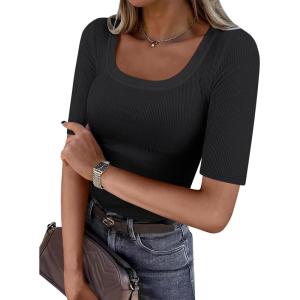 imageANRABESS Womens Half Sleeve Tops Scoop Neck Ribbed Knit Slim Fitted Basic Tee Shirts Summer 2025 Trendy Fall Casual ClothesBlack