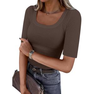 imageANRABESS Womens Half Sleeve Tops Scoop Neck Ribbed Knit Slim Fitted Basic Tee Shirts Summer 2025 Trendy Fall Casual ClothesCoffee