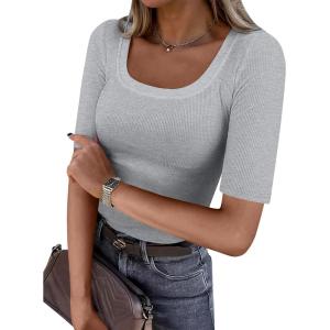imageANRABESS Womens Half Sleeve Tops Scoop Neck Ribbed Knit Slim Fitted Basic Tee Shirts Summer 2025 Trendy Fall Casual ClothesGrey