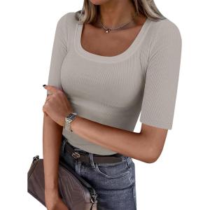 imageANRABESS Womens Half Sleeve Tops Scoop Neck Ribbed Knit Slim Fitted Basic Tee Shirts Summer 2025 Trendy Fall Casual ClothesKhaki