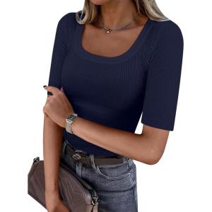 imageANRABESS Womens Half Sleeve Tops Scoop Neck Ribbed Knit Slim Fitted Basic Tee Shirts Summer 2025 Trendy Fall Casual ClothesNavy Blue