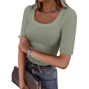 imageANRABESS Womens Half Sleeve Tops Scoop Neck Ribbed Knit Slim Fitted Basic Tee Shirts Summer 2025 Trendy Fall Casual ClothesSage Green
