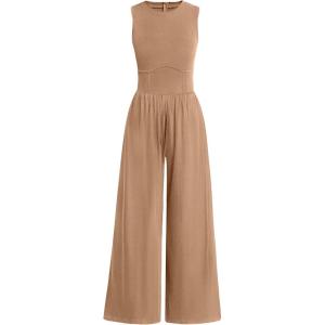 imageANRABESS Womens Jumpsuits Dressy Summer Casual One Piece Outfits High Neck Tank Top Wide Leg Pants Rompers Jumper PocketsCamel