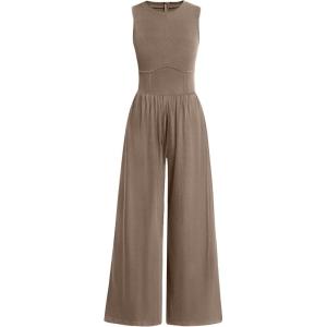 imageANRABESS Womens Jumpsuits Dressy Summer Casual One Piece Outfits High Neck Tank Top Wide Leg Pants Rompers Jumper PocketsKhaki