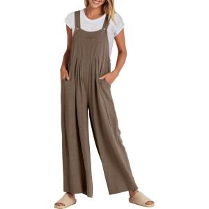 imageANRABESS Womens Jumpsuits Overalls Linen Wide Leg Jumpers Casual Summer Fall Outfits 2025 Beach Vacation Clothes with PocketsBrown