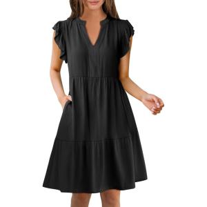 imageANRABESS Womens Summer Casual Mini Dress Ruffle Sleeve V Neck Sundress 2025 Fashion Flowy Tiered Boho Beach Vacation DressesBlack