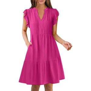 imageANRABESS Womens Summer Casual Mini Dress Ruffle Sleeve V Neck Sundress 2025 Fashion Flowy Tiered Boho Beach Vacation DressesHot Pink