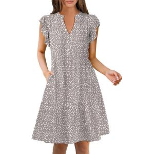 imageANRABESS Womens Summer Casual Mini Dress Ruffle Sleeve V Neck Sundress 2025 Fashion Flowy Tiered Boho Beach Vacation DressesKhaki Polka Dot