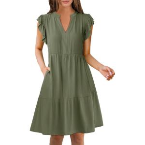 imageANRABESS Womens Summer Casual Mini Dress Ruffle Sleeve V Neck Sundress 2025 Fashion Flowy Tiered Boho Beach Vacation DressesOlive