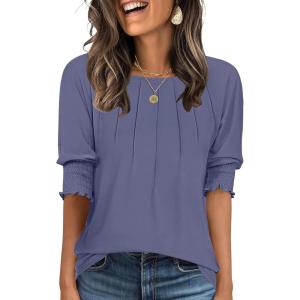 imageANRABESS Womens Tops 34 Sleeve Crewneck Pleated Dressy Casual Shirts 2025 Summer Business Basic Tee Blouses Work OutfitsBlue Gray