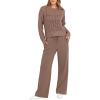 imageANRABESS Womens 2 Piece Outfits Crochet Sheer Knit Sweater Top Wide Leg Pants Lounge Sets Sweatsuit 2025 Fall Travel ClothesBrown