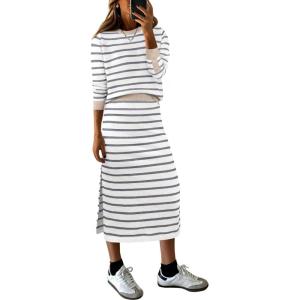 imageANRABESS 2 Piece Skirts Sets For Women Fall Fashion 2025 Striped Sweater Midi Dress Knit Lounge Travel Outfits Winter ClothesWhite Grey Beige