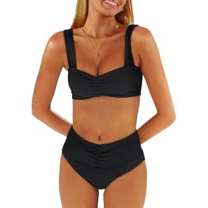 imageANRABESS Bathing Suit for Women Tummy Control Bikini Set 2025 Beach Front Ruched Mid Waist Swimsuit with Adjustable StrapsBlack