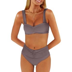 imageANRABESS Bathing Suit for Women Tummy Control Bikini Set 2025 Beach Front Ruched Mid Waist Swimsuit with Adjustable StrapsCoffee