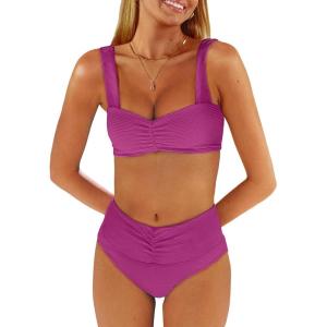 imageANRABESS Bathing Suit for Women Tummy Control Bikini Set 2025 Beach Front Ruched Mid Waist Swimsuit with Adjustable StrapsHot Pink