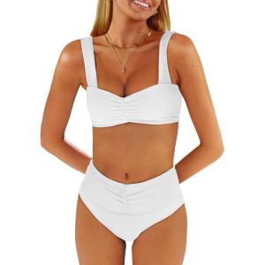 imageANRABESS Bathing Suit for Women Tummy Control Bikini Set 2025 Beach Front Ruched Mid Waist Swimsuit with Adjustable StrapsWhite