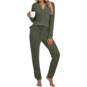 imageANRABESS Lounge Pajama Set for Women 2 Piece Outfit Long Sleeve Knit Henley Top Matching Pant 2025 Fall Travel Sweat ClothingArmy Green