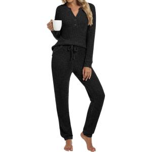 imageANRABESS Lounge Pajama Set for Women 2 Piece Outfit Long Sleeve Knit Henley Top Matching Pant 2025 Fall Travel Sweat ClothingBlack