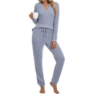 imageANRABESS Lounge Pajama Set for Women 2 Piece Outfit Long Sleeve Knit Henley Top Matching Pant 2025 Fall Travel Sweat ClothingBlue