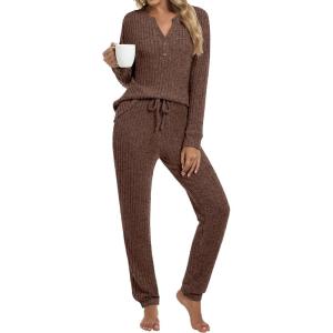 imageANRABESS Lounge Pajama Set for Women 2 Piece Outfit Long Sleeve Knit Henley Top Matching Pant 2025 Fall Travel Sweat ClothingBrown