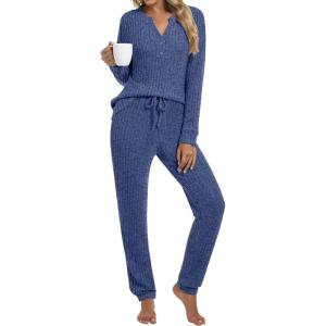 imageANRABESS Lounge Pajama Set for Women 2 Piece Outfit Long Sleeve Knit Henley Top Matching Pant 2025 Fall Travel Sweat ClothingDark Blue