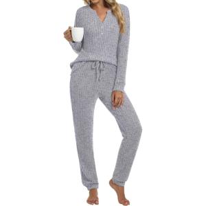 imageANRABESS Lounge Pajama Set for Women 2 Piece Outfit Long Sleeve Knit Henley Top Matching Pant 2025 Fall Travel Sweat ClothingGrey